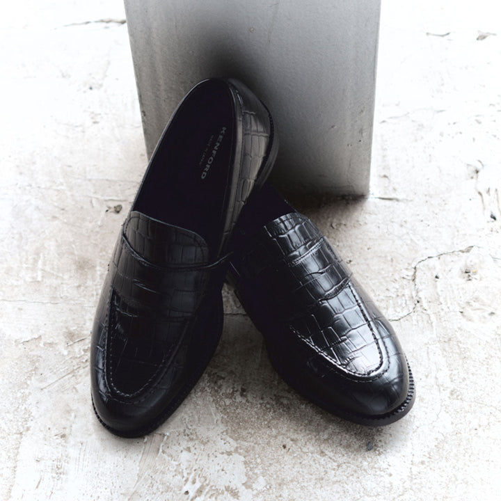 KENFORD MENS EMBOSSED LOAFERS / BLACK CROCODILE
