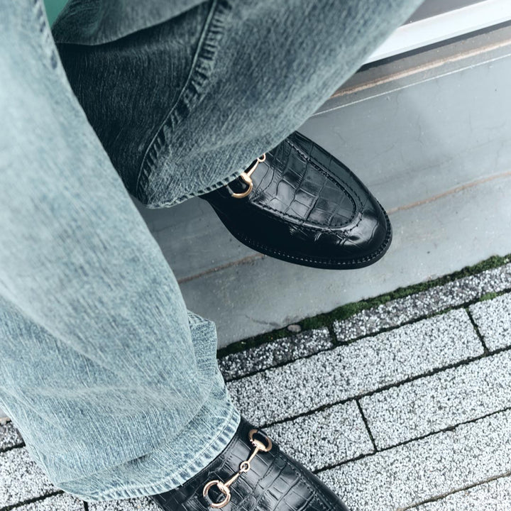 KENFORD MENS BIT LOAFERS / BLACK CROCODILE
