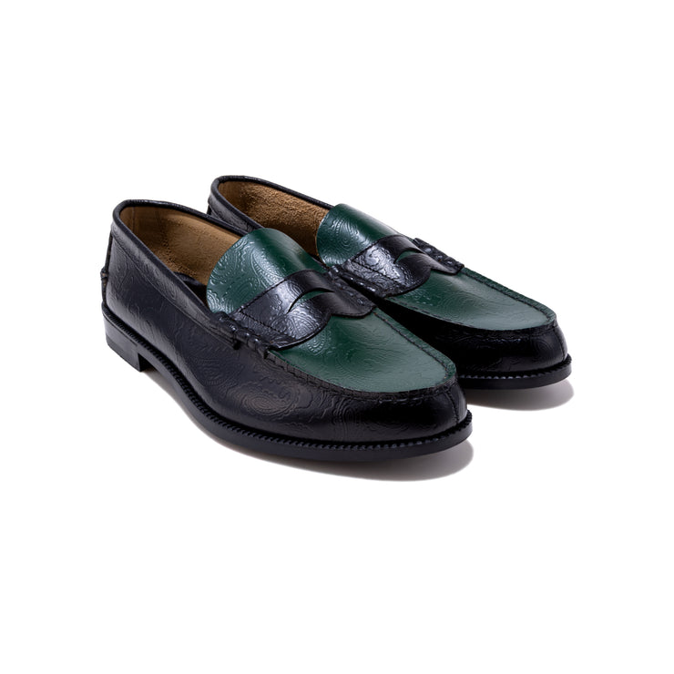 MENS EMBOSSED LOAFERS / BLACK GREEN PAISLEY