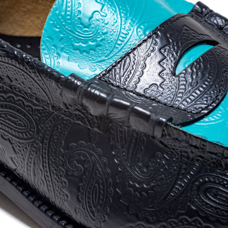 MENS EMBOSSED LOAFERS / BLACK TURQUOISE BLUE PAISLEY