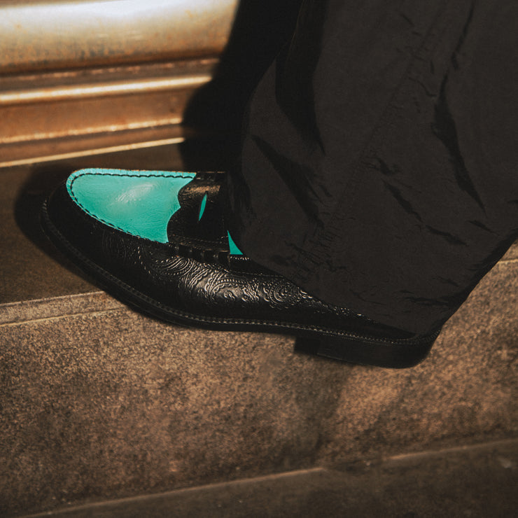 MENS EMBOSSED LOAFERS / BLACK TURQUOISE BLUE PAISLEY