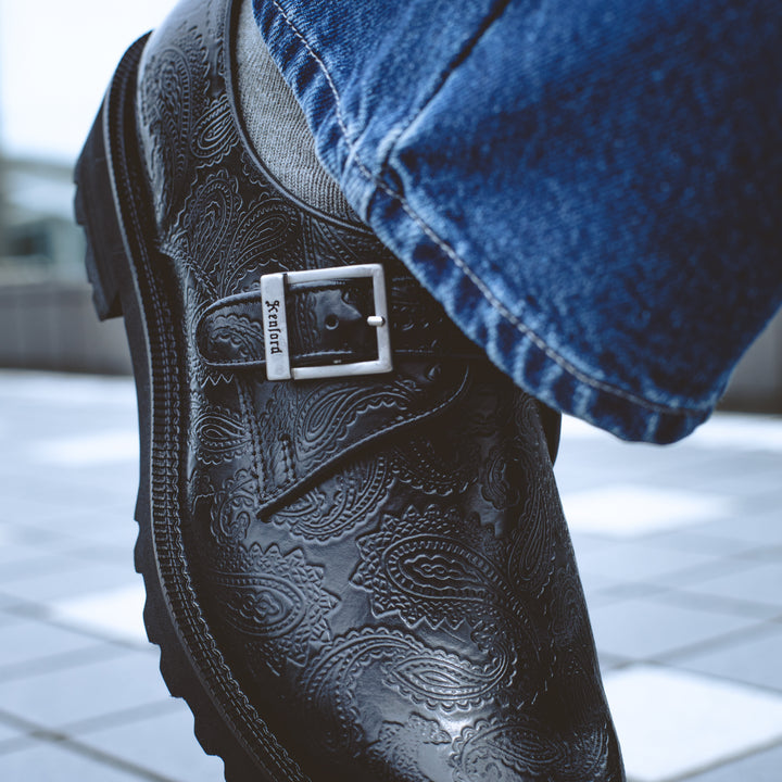 MENS NEW CLASSIC MONK STRAP SHOES / BLACK PAISLEY