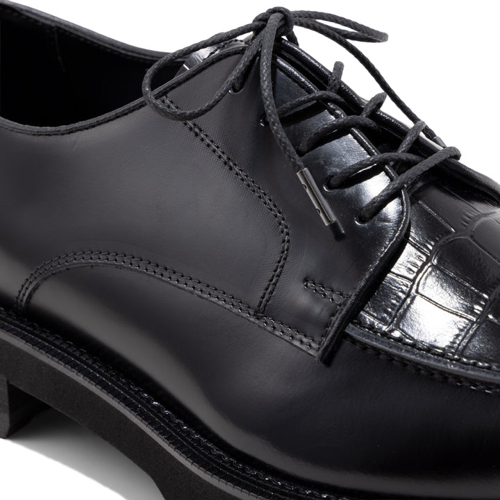 MENS NEW CLASSIC U-MOC LACE UP SHOES / BLACK BLACK CROCODILE