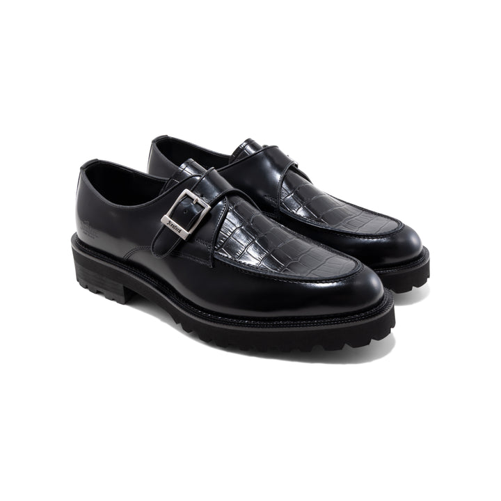 MENS NEW CLASSIC U-MOC MONK STRAP / BLACK BLACK CROCODILE
