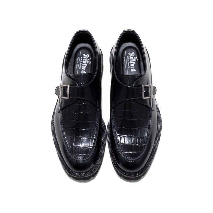 MENS NEW CLASSIC U-MOC MONK STRAP / BLACK BLACK CROCODILE