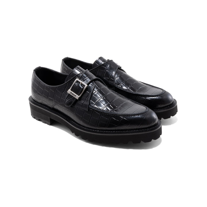 MENS NEW CLASSIC U-MOC MONK STRAP / BLACK CROCODILE