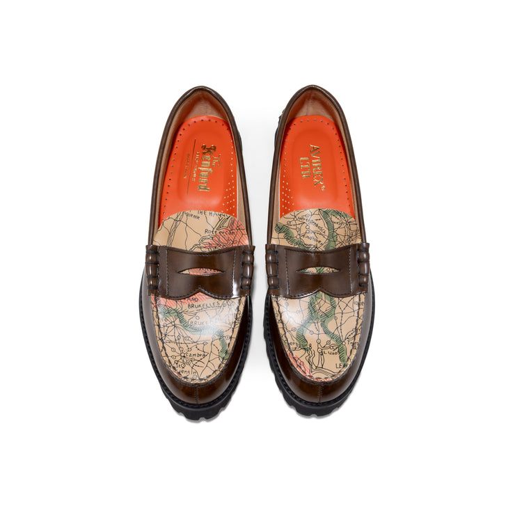 【8月30日（土） AVIREX 各店にて発売開始】WOMENS TANK SOLE LOAFERS "ICON of FLIGHT" / DARK BROWN BEIGE MAP PRINT