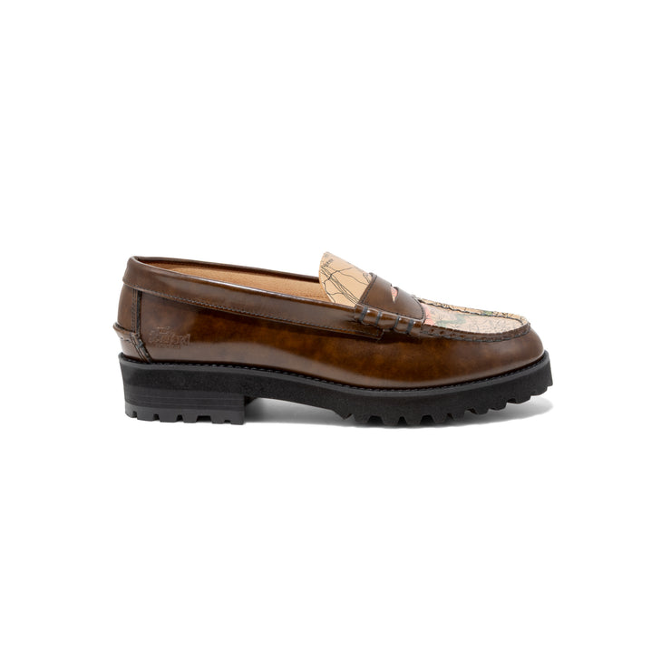 【8月30日（土） AVIREX 各店にて発売開始】WOMENS TANK SOLE LOAFERS "ICON of FLIGHT" / DARK BROWN BEIGE MAP PRINT