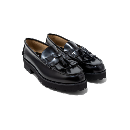 WOMENS TANK SOLE LOAFERS / BLACK QUILT TASSEL