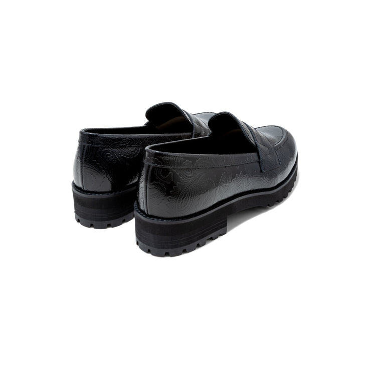 KENFORD WOMENS TANK SOLE EMBOSSED LOAFERS / BLACK PAISLEY