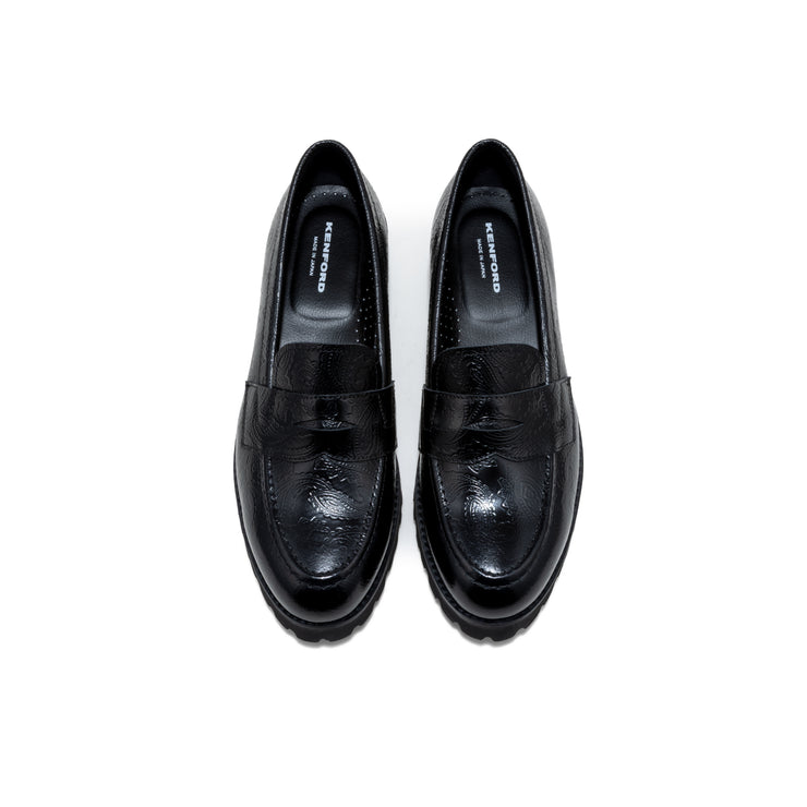 KENFORD WOMENS TANK SOLE EMBOSSED LOAFERS / BLACK PAISLEY