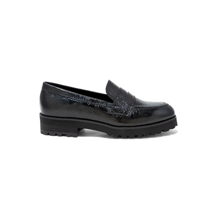 KENFORD WOMENS TANK SOLE EMBOSSED LOAFERS / BLACK PAISLEY