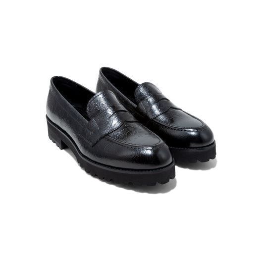 KENFORD WOMENS TANK SOLE EMBOSSED LOAFERS / BLACK PAISLEY