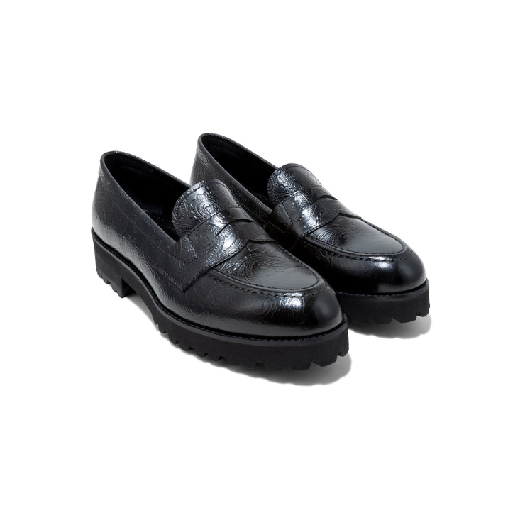 KENFORD WOMENS TANK SOLE EMBOSSED LOAFERS / BLACK PAISLEY