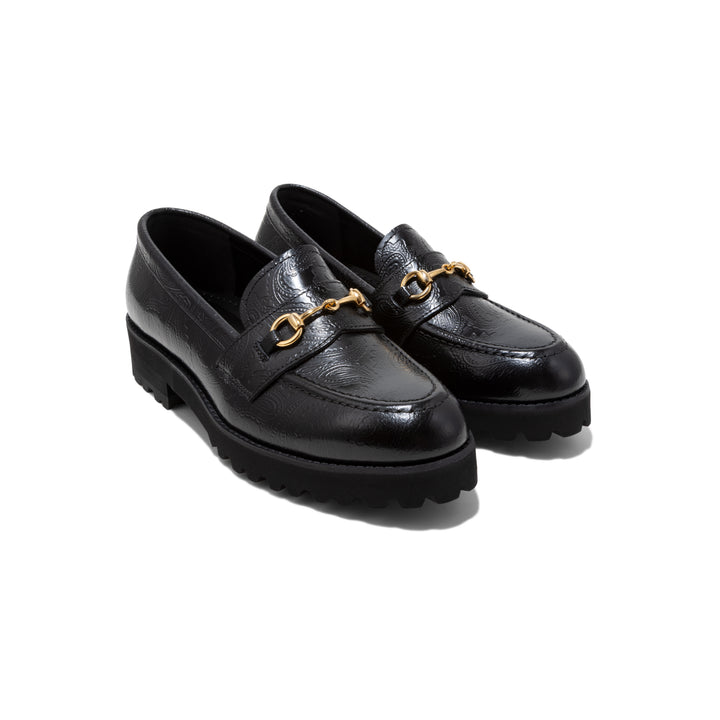 KENFORD WOMENS TANK SOLE BIT LOAFERS / BLACK PAISLEY