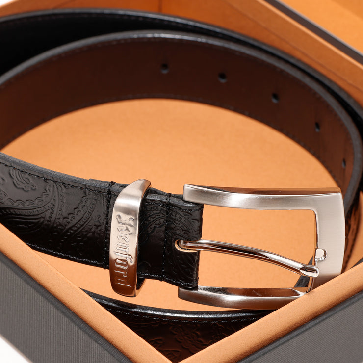 EMBOSSED LEATHER BELT / BLACK PAISLEY