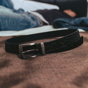 EMBOSSED LEATHER BELT / BLACK PAISLEY