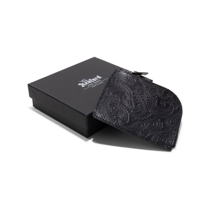 EMBOSSED LEATHER ZIP WALLET / BLACK PAISLEY