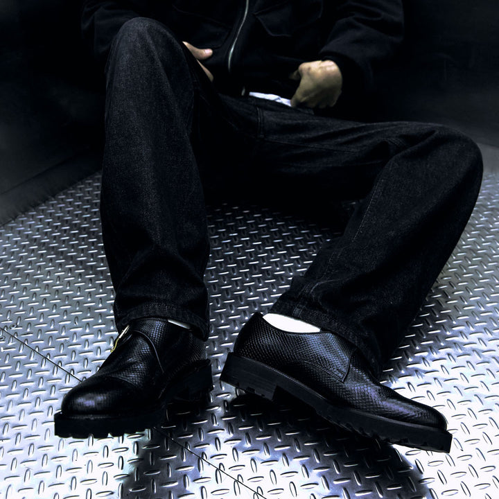Direction By 『CANNABIS』 MENS NEW CLASSIC MONK STRAP SHOES / BLACK SNAKE EMBOSSED