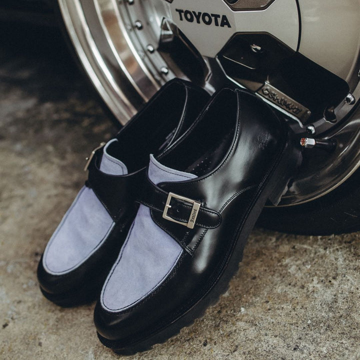 MENS NEW CLASSIC U-MOC MONK STRAP / BLACK PURPLE SUEDE